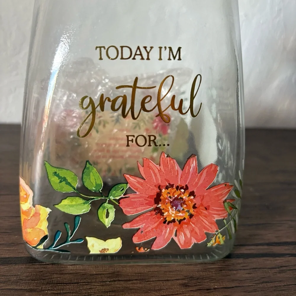 New Glass Gratefulness‎ Jar With Lid And Cards Floral Christian Art Gifts 6.5”